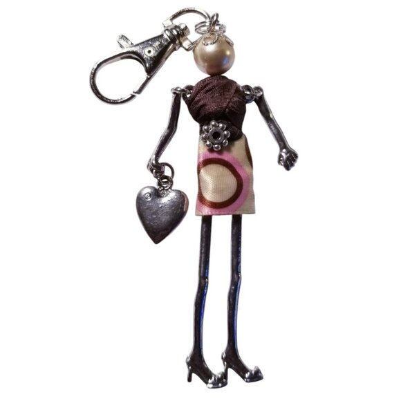 Charm Doll Purse Tassel Key Chain Necklace Pendant Cream Pearl Brown Pink Dress - Picture 1 of 1